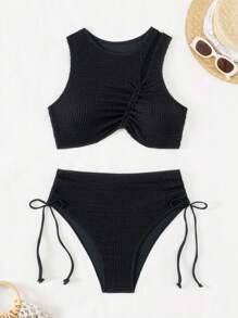 Swim Basics Bộ bikini xếp nếp màu trơn dành cho nữ đi biển mùa hè Carnival - màu đen - Xem 4