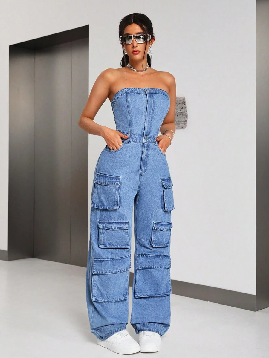SHEIN ICON Women's Cargo Denim Jumpsuit With Pinafore - Blue - View 1