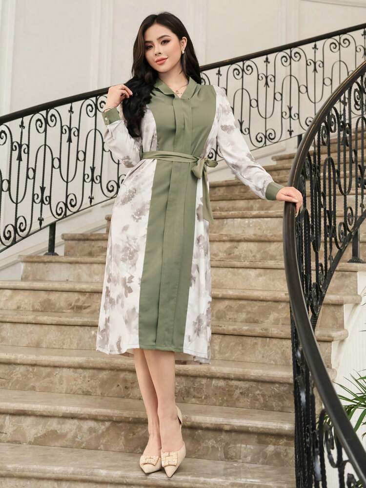 Women's Floral Print Mid-Length Dress,Fall Dress Long Sleeve Dress