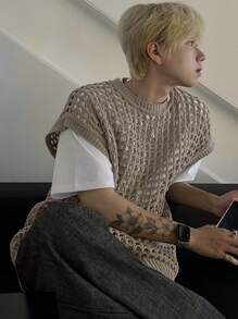 DAZY Men's Summer Round Neck Solid Color Semi-Sheer Knitted Top Fall,Winter - Khaki - View 1