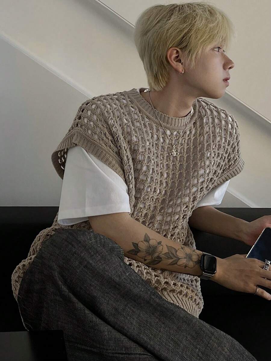 DAZY Men's Summer Round Neck Solid Color Semi-Sheer Knitted Top Fall,Winter - Khaki - View 1