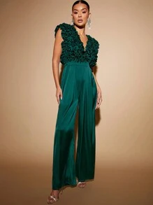 L'Amorae Plunging Neck Ruffle Wide Leg Jumpsuit - Green - View 4
