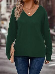 INAWLY Plus Size Solid Color Drop Shoulder T-Shirt, For Thanksgiving Fall Cloth For Women - Dark Green - View 3