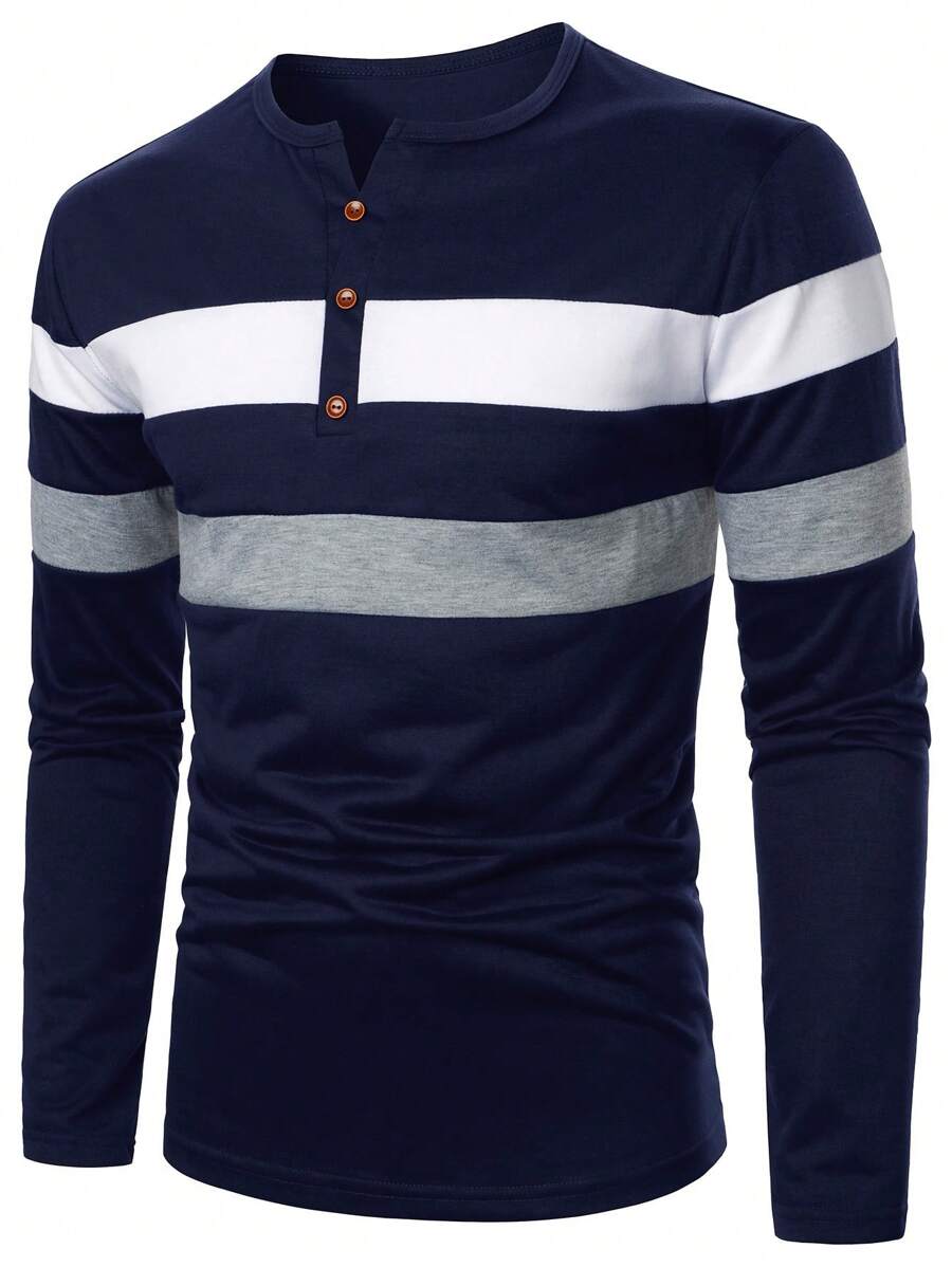 Manfinity Mode Men's Striped Long Sleeve T-Shirt, Men Henley, For Fall - Multicolor - View 1