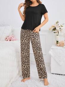 Ariqdhaksinargha Conjunto de pijama de pantalón con estampado de leopardo y blusa de unicolor para mujer artista, para verano, vacaciones, salir, se ajusta al estilo de Ibiza