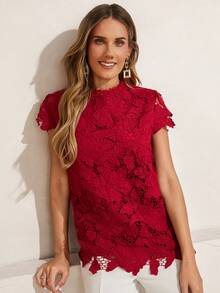 SHEIN Clasi Quý cô Màu thuần Ren Áo sơ mi - Đỏ - Xem 6
