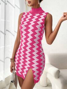 SHEIN Clasi Damski Kolorowe bloki Jodełkowy Stójka Rozcięcie Szczupły Suknie Dresowe