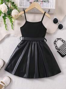 SHEIN Young Girl Pu Patchwork Spaghetti Strap Dress - Black - View 2