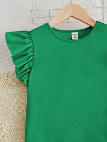 SHEIN 少女两件套针织纯色荷叶袖T恤和碎花长裤，休闲风格 - 綠色 - 查看 4