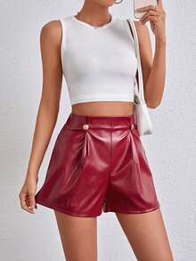 SHEIN Essnce Của phụ nữ chất liệu da PU Nút Đồ trang trí Quần short - Đỏ - Xem 6