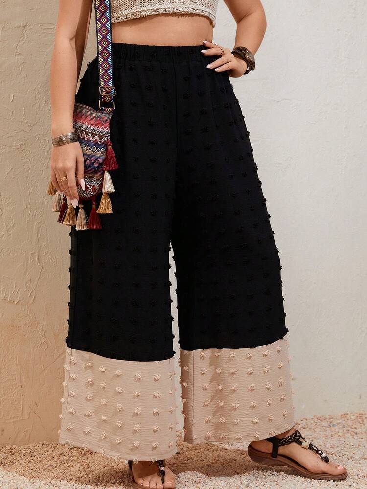 Plus Size Color Block Woven Wide Leg Pants Fall Cloth For Women