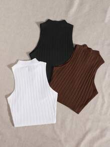 SHEIN EZwear 女士純色肋紋圓領背心 上衣 供夏季穿著 - 巧克力棕 - 查看 2