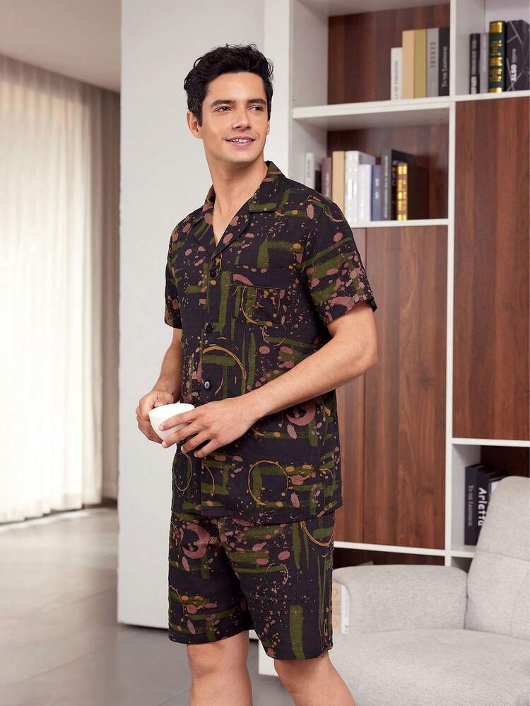 Men's Printed Round Neck Short Sleeve T-Shirt And Shorts Homewear Set
