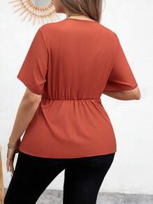 SHEIN Unity Plus Size Women's Asymmetrical Hem Solid Color Shirt For New Year Clothes Peplum Top - Red - View 2