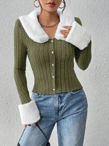 SHEIN Essnce Women's Color Block Plush And Rib Knit Sweater