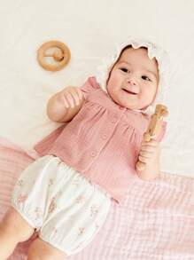 SHEIN Pasgeboren Baby Meisjes Effen kleur Rucheszoom Tops , Bloemen Shorts En Pet 3 stuks