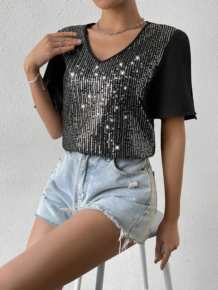 Women's Sparkly Sequin Patchwork V-Neck Shirt