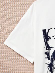 SHEIN Tween女孩寬鬆版肖像印花休閒圓領短袖t恤 - 藏蓝色 - 查看 3