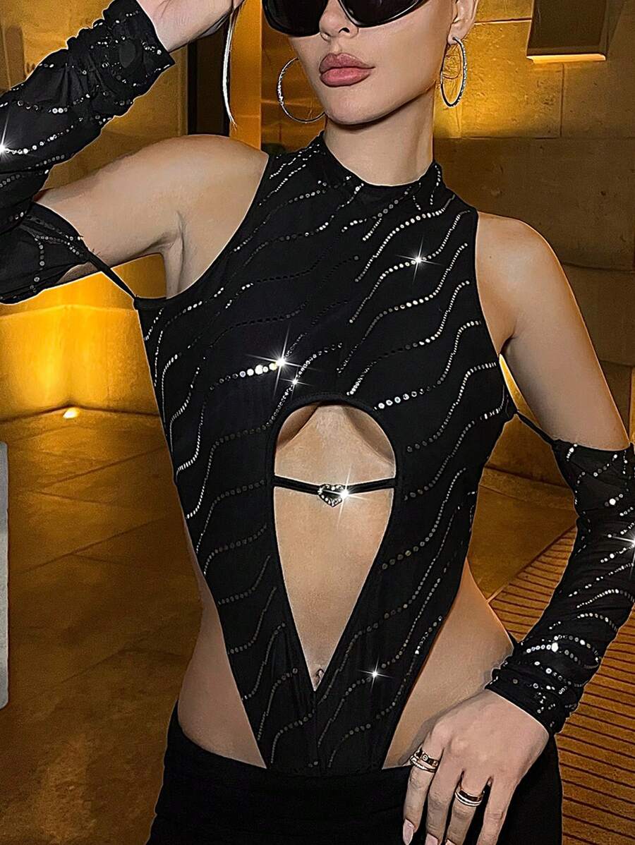 SHEIN ICON 女士閃亮露肚高腰切割y2k黑色連體衣 - 黑色 - 查看 1