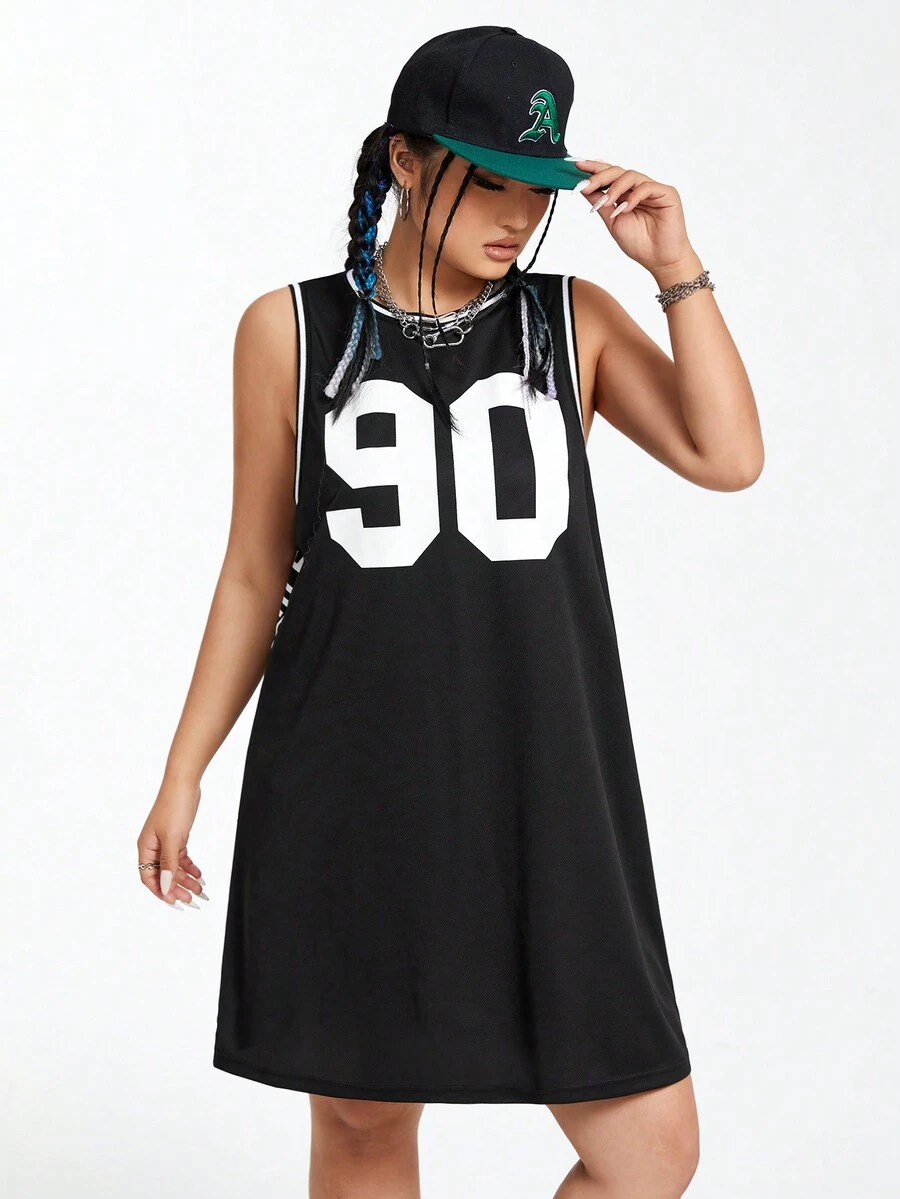 SHEIN Coolane 大尺碼女裝數字印花連衣裙 - 黑色 - 查看 1