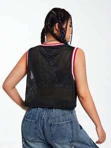 SHEIN Coolane 大尺寸條紋圖案背心,附有字母和數字裝飾 - 黑色 - 查看 2