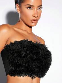 SHEIN BAE Solid Fuzzy Crop Tube Top - Black - View 5