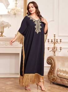 Al Najma Túnica Para Mujer De Talla Grande Con Encaje Soluble En Agua Y Mangas Murciélago Decoradas Con Flecos