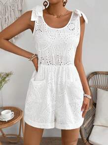 SHEIN LUNE Women's Tie Shoulder Embroidered Romper - White - View 5