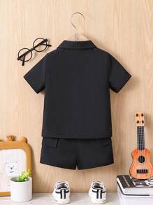 Baby Boy's Solid Color Short Sleeve Shirt And Shorts Set - Black - View 2