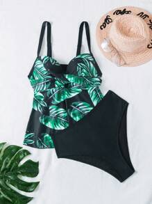 Swim Lushoire 女士热带印花吊带背心和纯色下装比基尼泳装套装，适合夏季、海滩、旅行、度假、泳池 - 彩色 - 查看 7