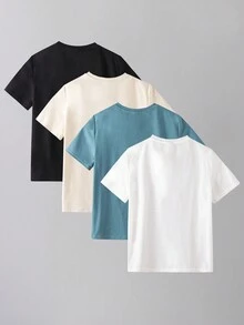 SHEIN 4入組寬鬆版型大學風純色短袖針織t卹套裝,適用於青少年男孩 - 彩色 - 查看 3