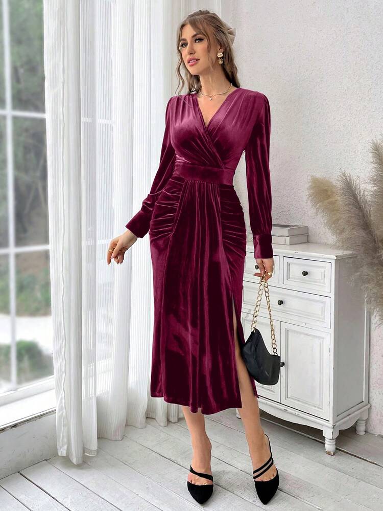 Women's Pleated Long Sleeve Slit Side Dress