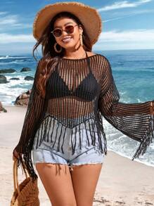 Flirla 1件大尺碼時尚中空絲帶長袖毛衣