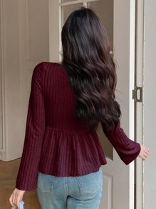 DAZY Women's Square Neck Long Sleeve T-Shirt With Ruffled Hem,Fall Clothes,Babydoll Top Cute Tops - Red - View 2