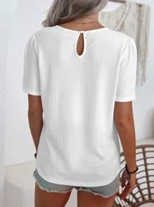 SHEIN LUNE Puff Short Sleeve Blouse With Round Neckline,Short Sleeve Tops - White - View 3