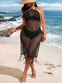 Breezaya Plus Size Knitted Hollow Out Fringed Hem Halter Sweater Dress