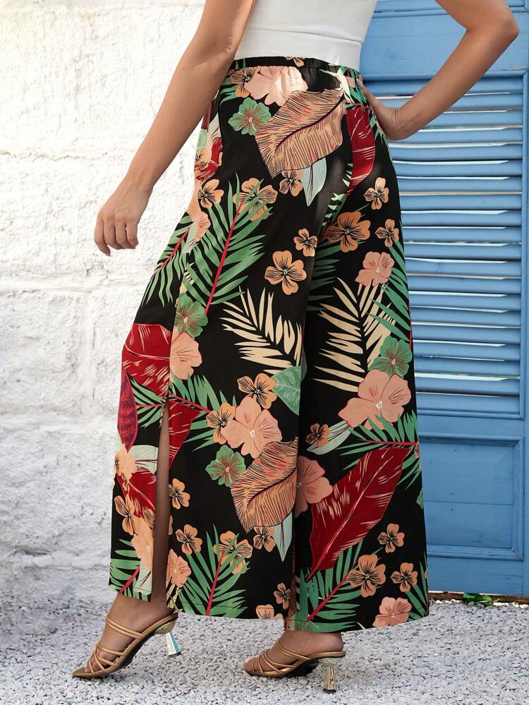 Printed Maternity Open Slit Wide Leg Pants, Tropical Style