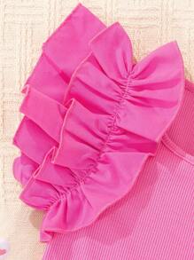 SHEIN Young Girl's Athletic Sweet & Cool Knitted Round Neck Ruffle Sleeve Top - Pink - View 5