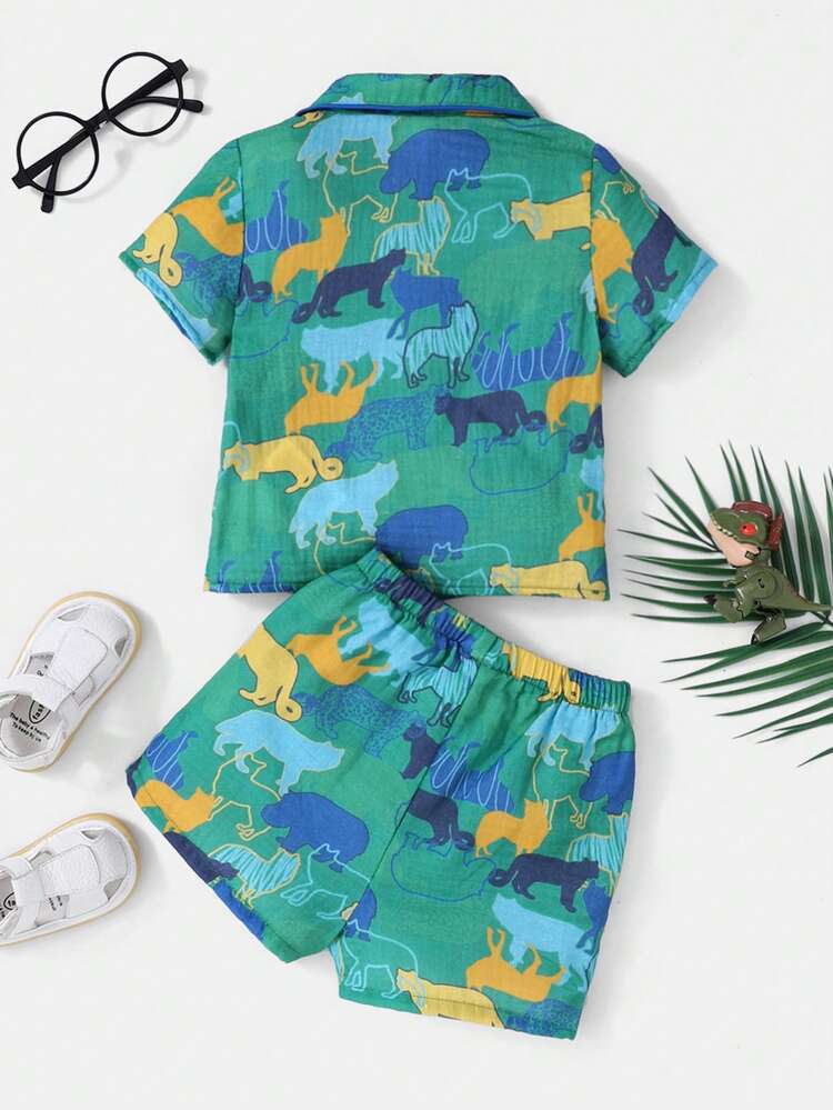 Baby Boy Cartoon Animal Pattern Collared Button-Up Shirt And Casual Shorts Set