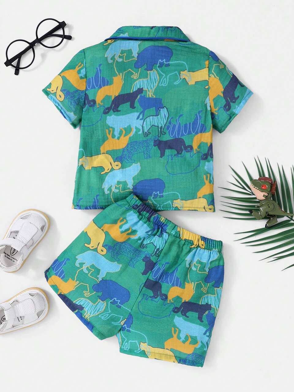 Baby Boy Cartoon Animal Pattern Collared Button-Up Shirt And Casual Shorts Set