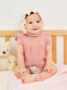 SHEIN Pasgeboren Baby Meisjes Effen kleur Rucheszoom Tops , Bloemen Shorts En Pet 3 stuks
