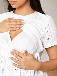 SHEIN Maternity Nursing Clothing Simple Round Neck T-Shirt For Home Wear - White - View 5