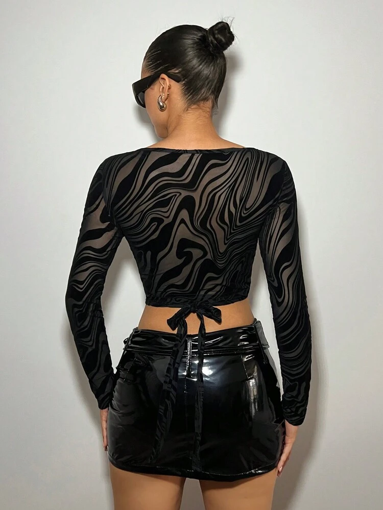 Spring Women's Slim Fit Velvet Mesh Perspective Cross Hollow Out Top