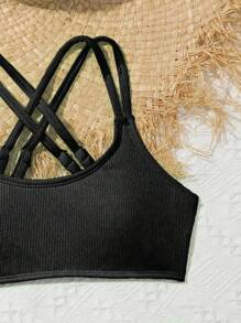 Tween Girl Spring/Summer Solid Color Ribbed Knit Two-Piece Bikini Set Summer Beach Kids Swimming ,Kids Beachwear - Black - View 4