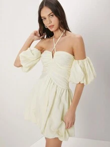 Enchnt Elegante Vestido De Halter Para Mujer Con Hombros Descubiertos, Con Volantes En Estilo Bodycon