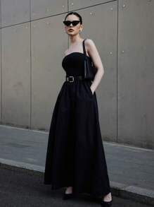 Siren Gaze Women's Summer Black Top-Tight And Bottom-Wide Knitted Splicing Woven Casual Dress With Side Pockets