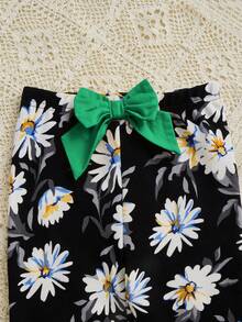 SHEIN 少女两件套针织纯色荷叶袖T恤和碎花长裤，休闲风格 - 綠色 - 查看 3