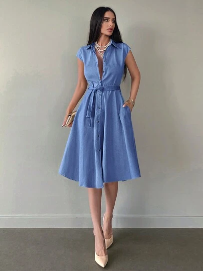 EURMUSE Solid Belted Shirt Dress