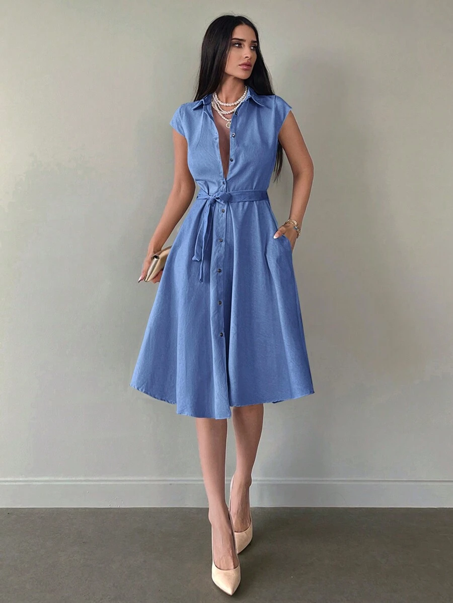 EURMUSE Solid Belted Shirt Dress - Blue - View 1