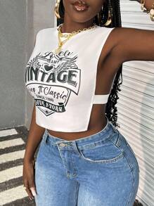 Slaydiva Casual Street Sexy Music Festival Round Neck Side Hollow Pattern Short Slim High Elastic Tank Top /Graphic Tees Women/Graphic Tees/Graphic Tee/Women's Tank Top Suitable For Summer - White - View 1